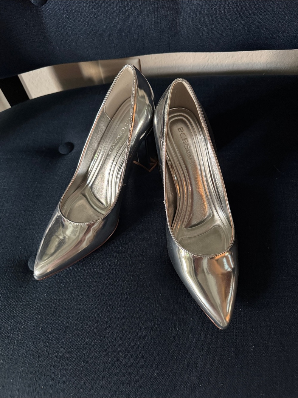 BCBG Metallic Silver Pointed Toe Pumps